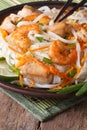 Rice noodles with seafood and chicken closeup. Vertical Royalty Free Stock Photo