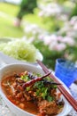 Rice noodles with spicy pork sauce