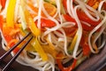 Rice noodles with vegetables macro on a plate. horizontal top vi Royalty Free Stock Photo