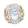 Rice or oat milk, vegetable drink. Color round illustration. Cartoon sketch emblem with blue glass, splash, sprigs. Hand drawn