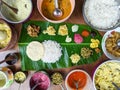 rice and other variety food items served in a banana leaf Royalty Free Stock Photo