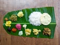 rice and other variety food items served in a banana leaf Royalty Free Stock Photo