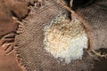 Rice out from small sack isolated on wooden background. Fresh rice in sack bag over wooden textured background. Royalty Free Stock Photo