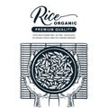 Rice package, label design. Bowl with boiled rice on bamboo mat in human hands. Vector hand drawn sketch illustration