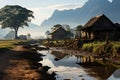 Rice paddies in the morning, Vang Vieng, Laos. Generative AI