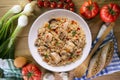 Rice paella with turkey and vegetables. Healthy recipe.