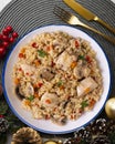 Rice paella with turkey and vegetables. Healthy recipe.