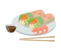 Rice paper roll, nems. Rolls in rice paper with shrimps and soy sauce with chopsticks. Asian food concept. Vector