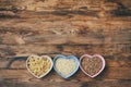 Rice, pasta, buckwheat, in bowl heart shape