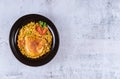 Rice and pasta with vegetables and chicken. Asian food