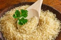 Rice on the plate with wooden spoon Royalty Free Stock Photo
