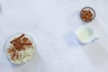 Rice porridge with cinnamon and walnut. White background Royalty Free Stock Photo
