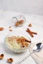 Rice porridge with cinnamon and walnut. White background Royalty Free Stock Photo