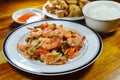 Rice porridge eat with spicy shrimp salad and fried chicken Royalty Free Stock Photo