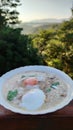 Rice porridge, rice gruel with pork chicken frake and boiled egg with coriander leaf serving  on white bowl Royalty Free Stock Photo