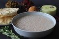 Rice porridge or Kanji along with Coconut chutney, Beetroot potato thoran, stir fried moong, Fried papad and Tempered buttermilk