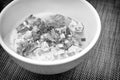 Rice porridge with minced chicken, serving in white bowl. Ready to eat. Traditional Thai food in the morning. Black and white tone Royalty Free Stock Photo
