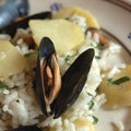 Rice, potatoes and mussels Royalty Free Stock Photo