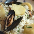 Rice, potatoes and mussels Royalty Free Stock Photo