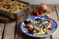 Rice, potatoes and mussels, traditional apulian dish, italian cuisine, Bari, on the wooden background Royalty Free Stock Photo