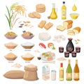 Rice products, food from rice, oil, flour, bran, starch, milk, Puffed rice, popped rice cakes, Sake, wine , bread, sushi