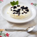 Rice pudding with blueberry cream Royalty Free Stock Photo