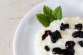 Rice pudding with blueberry cream Royalty Free Stock Photo