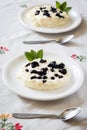 Rice pudding with blueberry cream Royalty Free Stock Photo