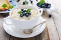 Rice pudding with blueberry decorated with mint leaf Royalty Free Stock Photo