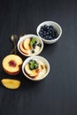 Rice pudding dessert with blueberry and peach Royalty Free Stock Photo