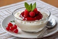 Rice pudding with raspberries, mint, and redcurrant Royalty Free Stock Photo
