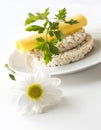 Rice puffed cakes with cheese, parsley and chamomile flowers