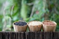Rice,riceberry,jasmine brown rice ,jasmine red brown rice  on nature background Royalty Free Stock Photo