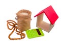 Rice in the sack, rosary , calculator and mini house isolated on white background. Muslim concept for zakat property, income Royalty Free Stock Photo