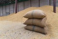 Rice in a sack that is in a warehouse for storing rice. Canvas bags stacked in a pile Royalty Free Stock Photo