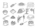 Rice sacks. Natural agriculture objects wheat grains rice food vector hand drawn collection