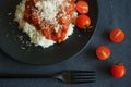 Rice with sauce, meatballs and parmesan next to a fork and cherry tomatoes Royalty Free Stock Photo