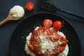 Rice with sauce, meatballs and parmesan next to a fork and cherry tomatoes Royalty Free Stock Photo