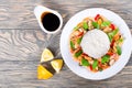 Rice and seafood: mussels, shrimps, baby spinach leaves, top view Royalty Free Stock Photo