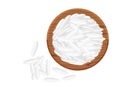 Rice seed raw on circle wood plate, isolated on white, grains rice and paddy seed on wooden tray, pile rice grains, illustration