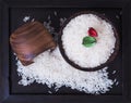 Rice seeds on a black wooden tray Rice for cooking Royalty Free Stock Photo