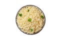 Rice, shot from above, isolated on a white background with a clipping path. Minimal dish, cooked, served with fresh Royalty Free Stock Photo