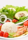 Rice, shrimps and vegetables on white dishes Royalty Free Stock Photo