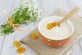 Rice soup with cream and dried apricots Royalty Free Stock Photo