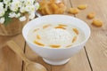 Rice soup with cream and dried apricots Royalty Free Stock Photo