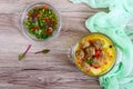 Rice soup with meat balls and vegetables in a transparent glass bowl. Royalty Free Stock Photo