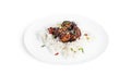 Rice with spicy chicken in sweet and sour sauce with chili pepper. Teriyaki chicken with sesame seeds. Isolated on white
