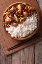 Rice with spicy kung pao chicken. Vertical top view Royalty Free Stock Photo