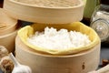 Rice steamed in a bamboo steamer