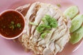 Rice steamed with chicken soup (hainanese chicken rice) with cucumber,. Royalty Free Stock Photo